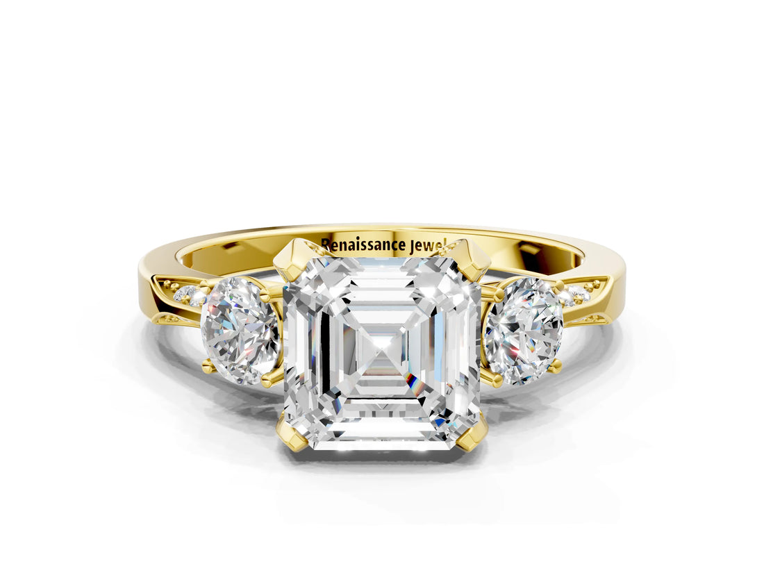 Yellow gold Asscher Cut Brilliant Three-Stone Diamond Ring with Pavé Band and Four-Prong Setting_3