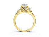 Yellow gold Asscher Cut Brilliant Three-Stone Diamond Ring with Pavé Band and Four-Prong Setting_6