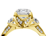 Yellow gold Asscher Cut Brilliant Three-Stone Diamond Ring with Pavé Band and Four-Prong Setting_7