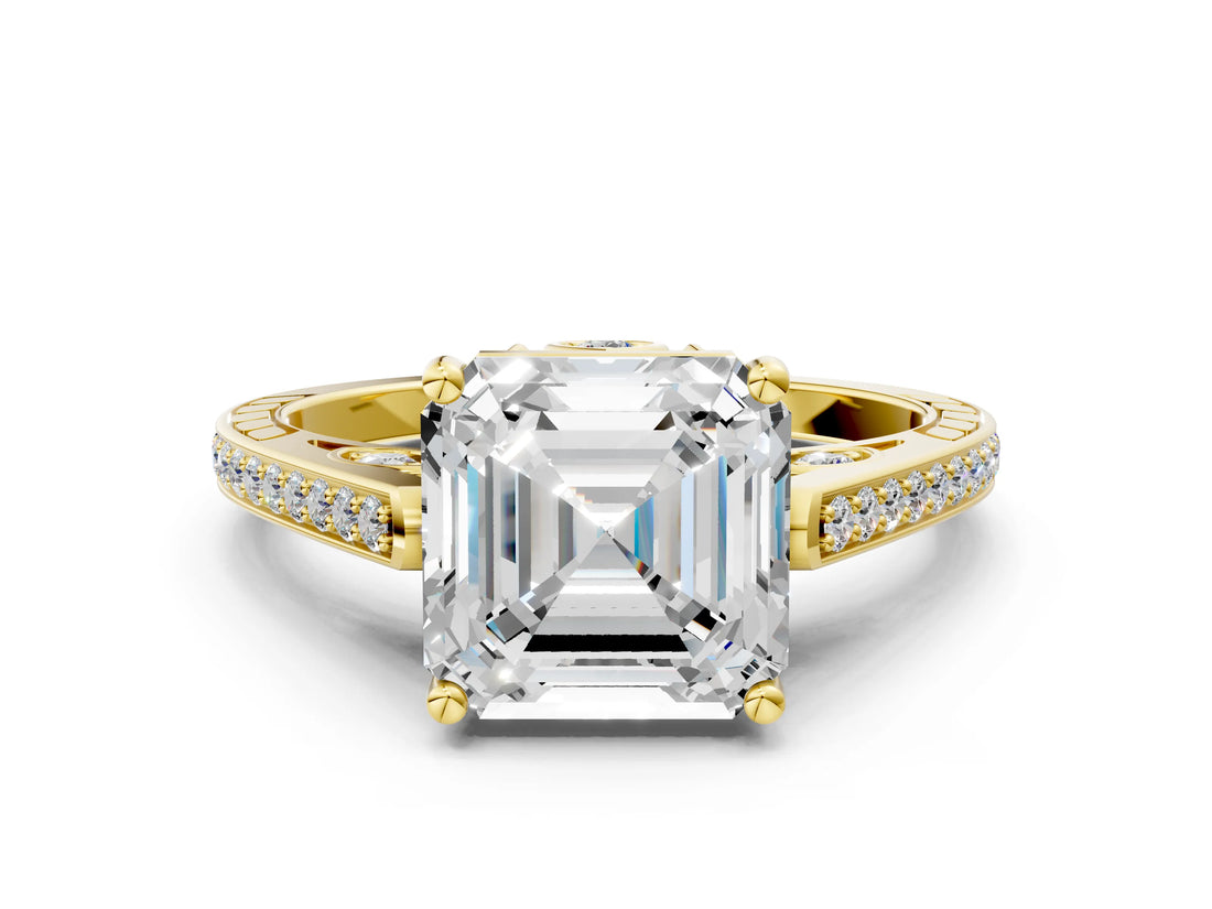 Yellow gold Asscher Cut Cathedral Pave Diamond Engagement Ring with Six-Prong Setting_32