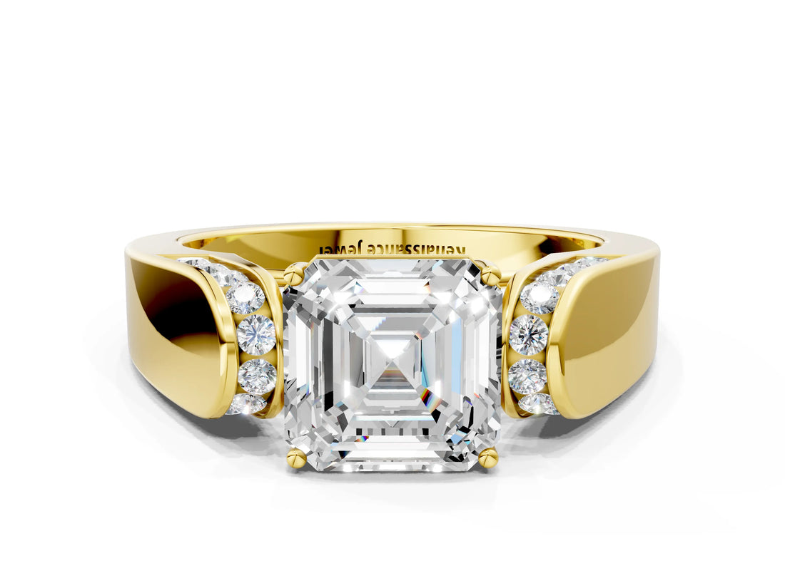 Yellow gold Asscher Cut Cut Diamond Channel Set Solitaire Ring with Four-Prong Setting_3