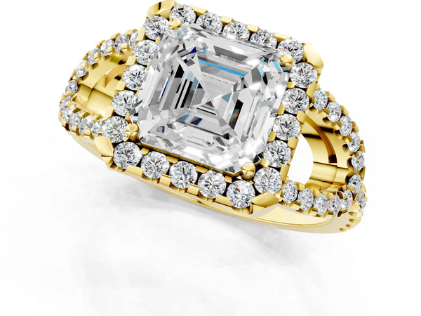 Yellow Gold Asscher Cut Split Shank Pave Halo Engagement Ring Setting