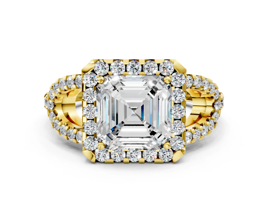 Yellow gold Asscher Cut Cut Diamond Halo Engagement Ring with Open Split Pavé Band_9