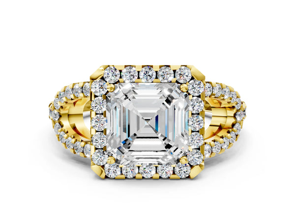 Yellow Gold Asscher Cut Split Shank Pave Halo Engagement Ring Setting