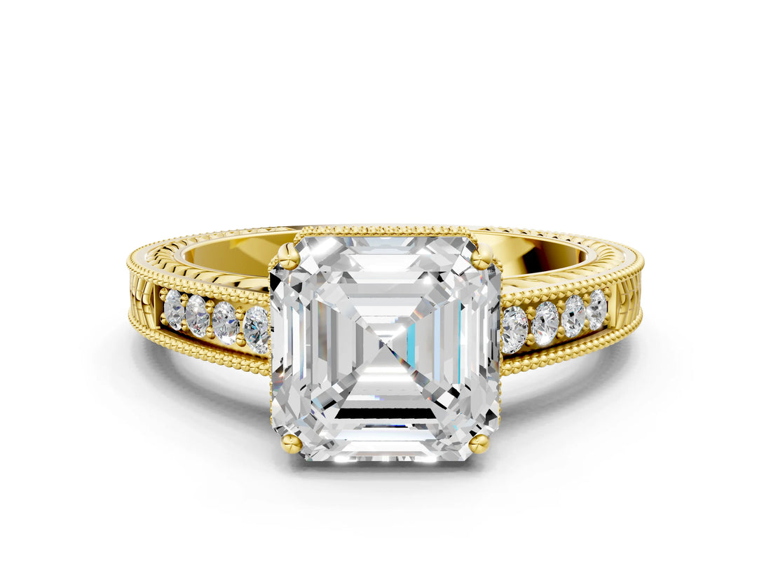Yellow gold Asscher Cut Cut Diamond Milgrain Pave Band Four-Prong Setting Ring_3