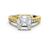 Yellow gold Asscher Cut Cut Diamond Milgrain Pave Band Four-Prong Setting Ring_3