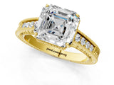 Yellow gold Asscher Cut Cut Diamond Milgrain Pave Band Four-Prong Setting Ring_4