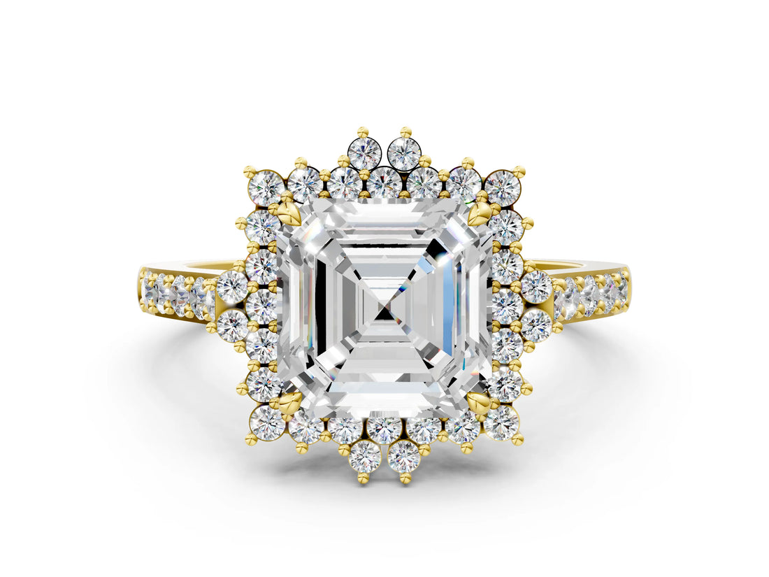 Yellow gold Asscher Cut Cut Diamond Sunburst Halo Engagement Ring with Pavé Band_3
