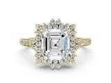 Yellow gold Asscher Cut Cut Diamond Sunburst Halo Engagement Ring with Pavé Band_3