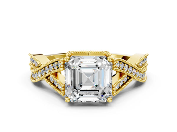 Yellow Gold Asscher Cut Graduated Pave Twist Engagement Ring Setting