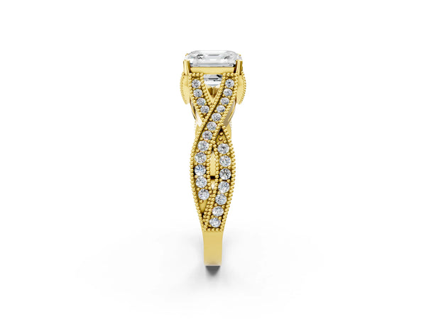 Yellow Gold Asscher Cut Graduated Pave Twist Engagement Ring Setting