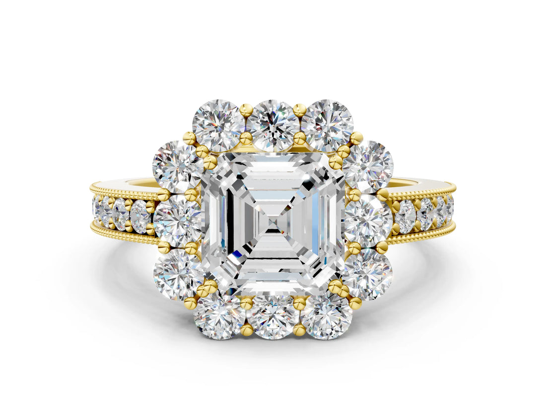 Yellow gold Asscher Cut Cut Halo Diamond Pavé Engagement Ring with Milgrain Detailing_15