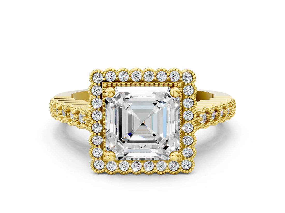 Yellow gold Asscher Cut Cut Halo Pavé Solitaire Ring with Milgrain Band_7