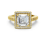 Yellow gold Asscher Cut Cut Halo Pavé Solitaire Ring with Milgrain Band_7