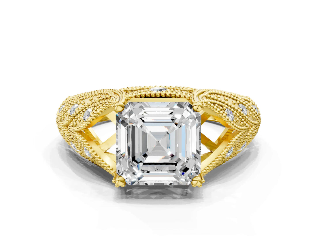 Yellow gold Asscher Cut Cut Milgrain Pave Diamond Engagement Ring with Four-Prong Setting_15