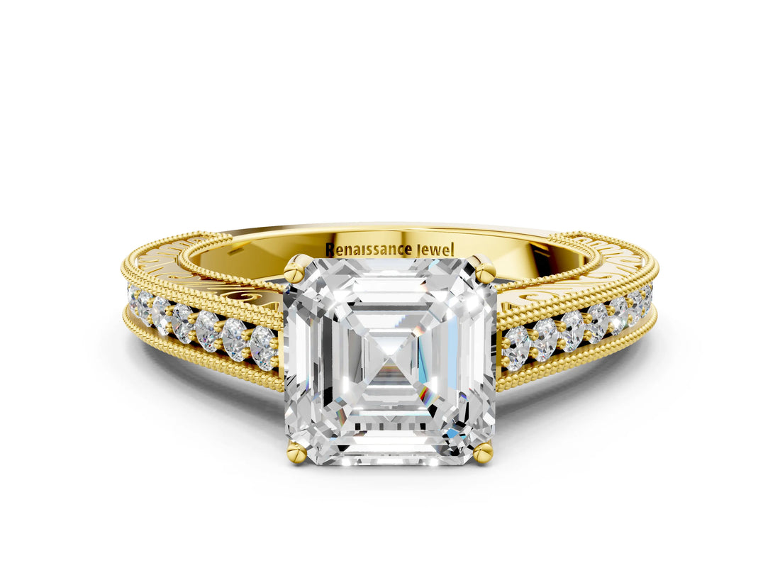 Yellow gold Asscher Cut Cut Pave Band Milgrain Solitaire Ring_3