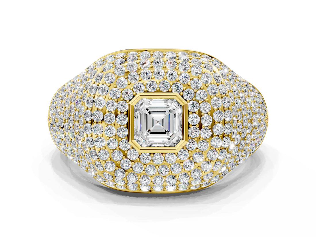 Yellow gold Asscher Cut Diamond Bezel Set Pavé Dome Mens Ring
