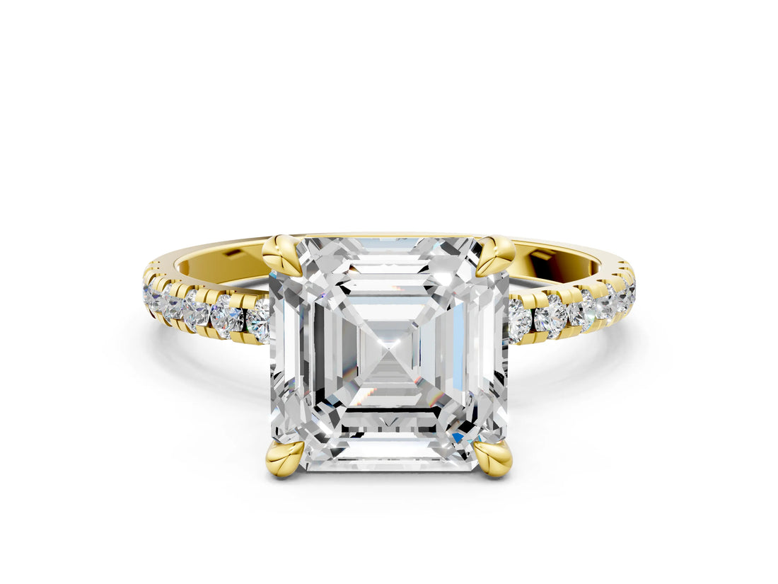 Yellow gold Asscher Cut Diamond Brilliant Solitaire Ring with Pavé Band and Four-Prong Setting_14