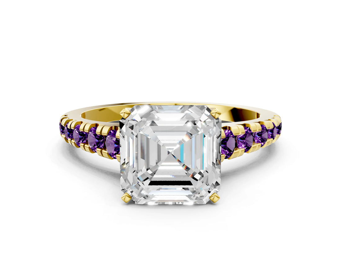 Yellow gold Asscher Cut Diamond Cathedral Solitaire Ring with Round with Amethyst side stone Pavé Band_12