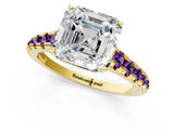Yellow gold Asscher Cut Diamond Cathedral Solitaire Ring with Round with Amethyst side stone Pavé Band_13