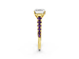 Yellow gold Asscher Cut Diamond Cathedral Solitaire Ring with Round with Amethyst side stone Pavé Band_14
