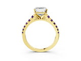 Yellow gold Asscher Cut Diamond Cathedral Solitaire Ring with Round with Amethyst side stone Pavé Band_15