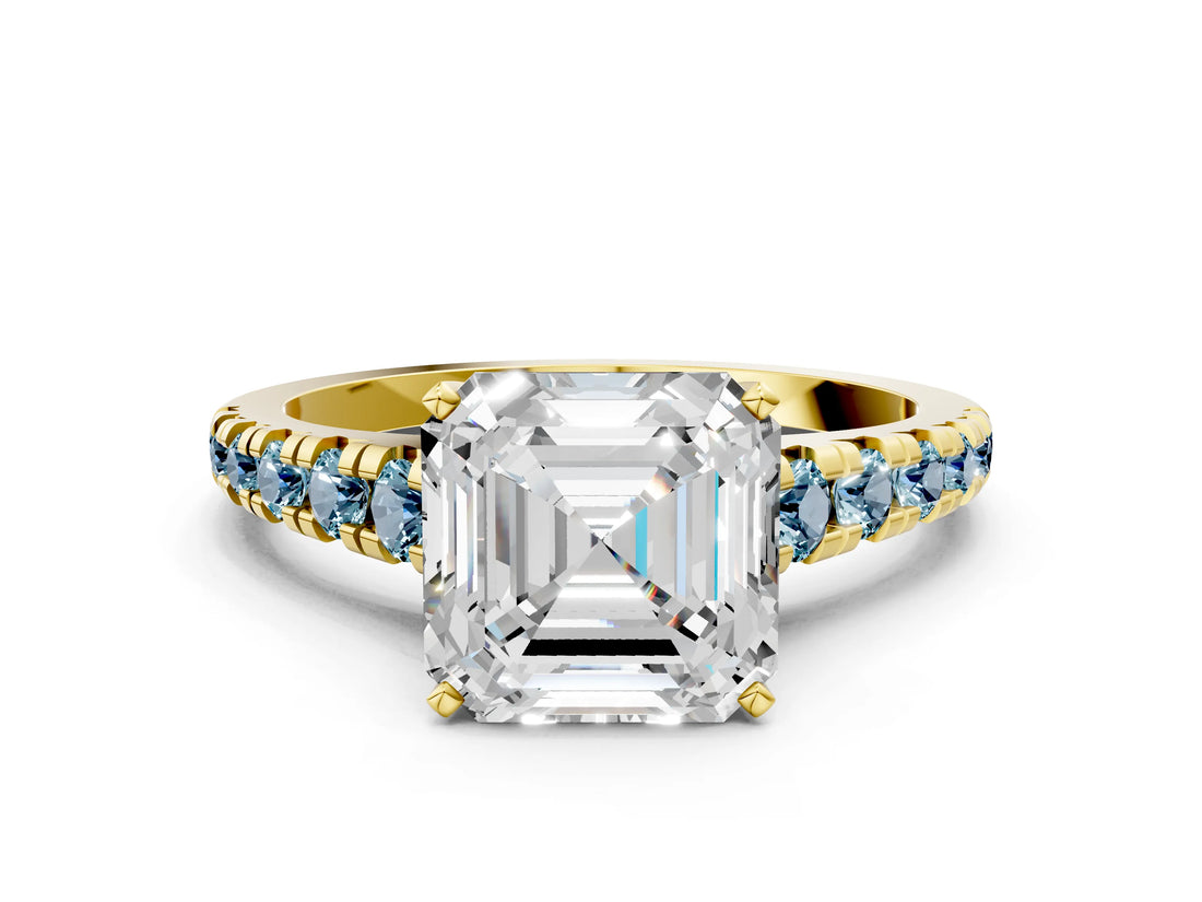 Yellow gold Asscher Cut Diamond Cathedral Solitaire Ring with Round with Aquamarine side stone Pavé Band_12