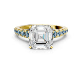Yellow gold Asscher Cut Diamond Cathedral Solitaire Ring with Round with Aquamarine side stone Pavé Band_12
