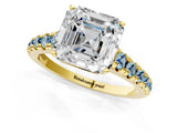 Yellow gold Asscher Cut Diamond Cathedral Solitaire Ring with Round with Aquamarine side stone Pavé Band_13
