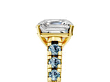 Yellow gold Asscher Cut Diamond Cathedral Solitaire Ring with Round with Aquamarine side stone Pavé Band_17