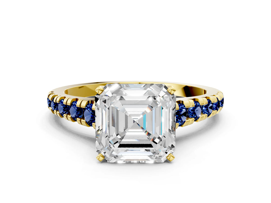 Yellow gold Asscher Cut Diamond Cathedral Solitaire Ring with Round with Blue Sapphire side stone Pavé Band_12