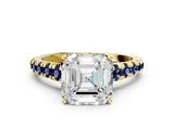 Yellow gold Asscher Cut Diamond Cathedral Solitaire Ring with Round with Blue Sapphire side stone Pavé Band_12