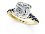 Yellow gold Asscher Cut Diamond Cathedral Solitaire Ring with Round with Blue Sapphire side stone Pavé Band_13