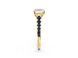 Yellow gold Asscher Cut Diamond Cathedral Solitaire Ring with Round with Blue Sapphire side stone Pavé Band_14