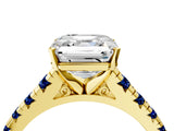 Yellow gold Asscher Cut Diamond Cathedral Solitaire Ring with Round with Blue Sapphire side stone Pavé Band_16