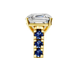 Yellow gold Asscher Cut Diamond Cathedral Solitaire Ring with Round with Blue Sapphire side stone Pavé Band_17