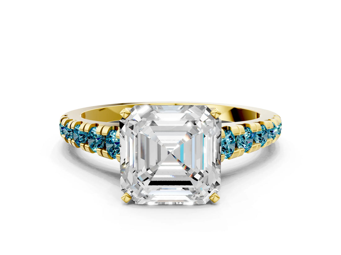 Yellow gold Asscher Cut Diamond Cathedral Solitaire Ring with Round with Blue Topaz side stone Pavé Band
