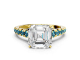 Yellow gold Asscher Cut Diamond Cathedral Solitaire Ring with Round with Blue Topaz side stone Pavé Band