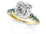 Yellow gold Asscher Cut Diamond Cathedral Solitaire Ring with Round with Blue Topaz side stone Pavé Band_1