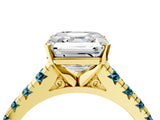 Yellow gold Asscher Cut Diamond Cathedral Solitaire Ring with Round with Blue Topaz side stone Pavé Band_4