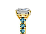 Yellow gold Asscher Cut Diamond Cathedral Solitaire Ring with Round with Blue Topaz side stone Pavé Band_5