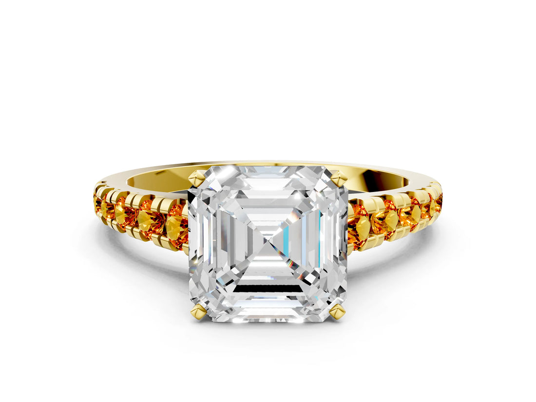 Yellow gold Asscher Cut Diamond Cathedral Solitaire Ring with Round with Citrine side stone Pavé Band_24