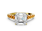 Yellow gold Asscher Cut Diamond Cathedral Solitaire Ring with Round with Citrine side stone Pavé Band_24