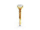 Yellow gold Asscher Cut Diamond Cathedral Solitaire Ring with Round with Citrine side stone Pavé Band_26