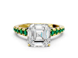 Yellow gold Asscher Cut Diamond Cathedral Solitaire Ring with Round with Emerald side stone Pavé Band