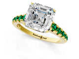 Yellow gold Asscher Cut Diamond Cathedral Solitaire Ring with Round with Emerald side stone Pavé Band_1