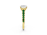Yellow gold Asscher Cut Diamond Cathedral Solitaire Ring with Round with Emerald side stone Pavé Band_2