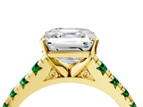 Yellow gold Asscher Cut Diamond Cathedral Solitaire Ring with Round with Emerald side stone Pavé Band_4