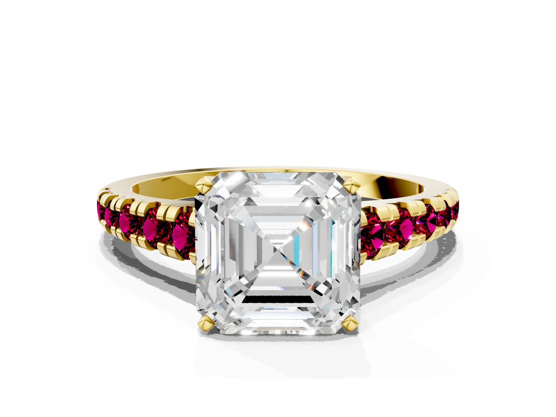 Yellow gold Asscher Cut Diamond Cathedral Solitaire Ring with Round with Garnet side stone Pavé Band_12