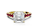 Yellow gold Asscher Cut Diamond Cathedral Solitaire Ring with Round with Garnet side stone Pavé Band_12